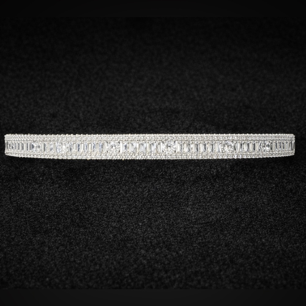 Silver Tone Baguette & Round CZ Tennis Bangle Bracelet – Elegant Sparkling